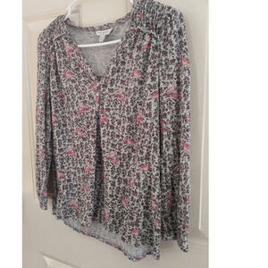 Lucky Brand Smocked Peasant Shirt, Pink White, Gray Deer Print, XS Boho Y2K